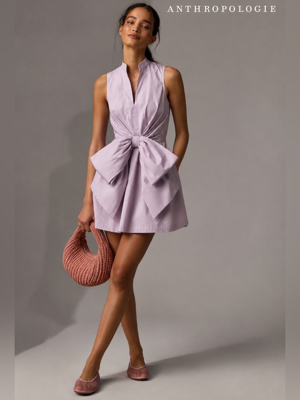Porridge Anthropologie Bow Front Mini Dress Large Lilac Purple Cotton $168 C8